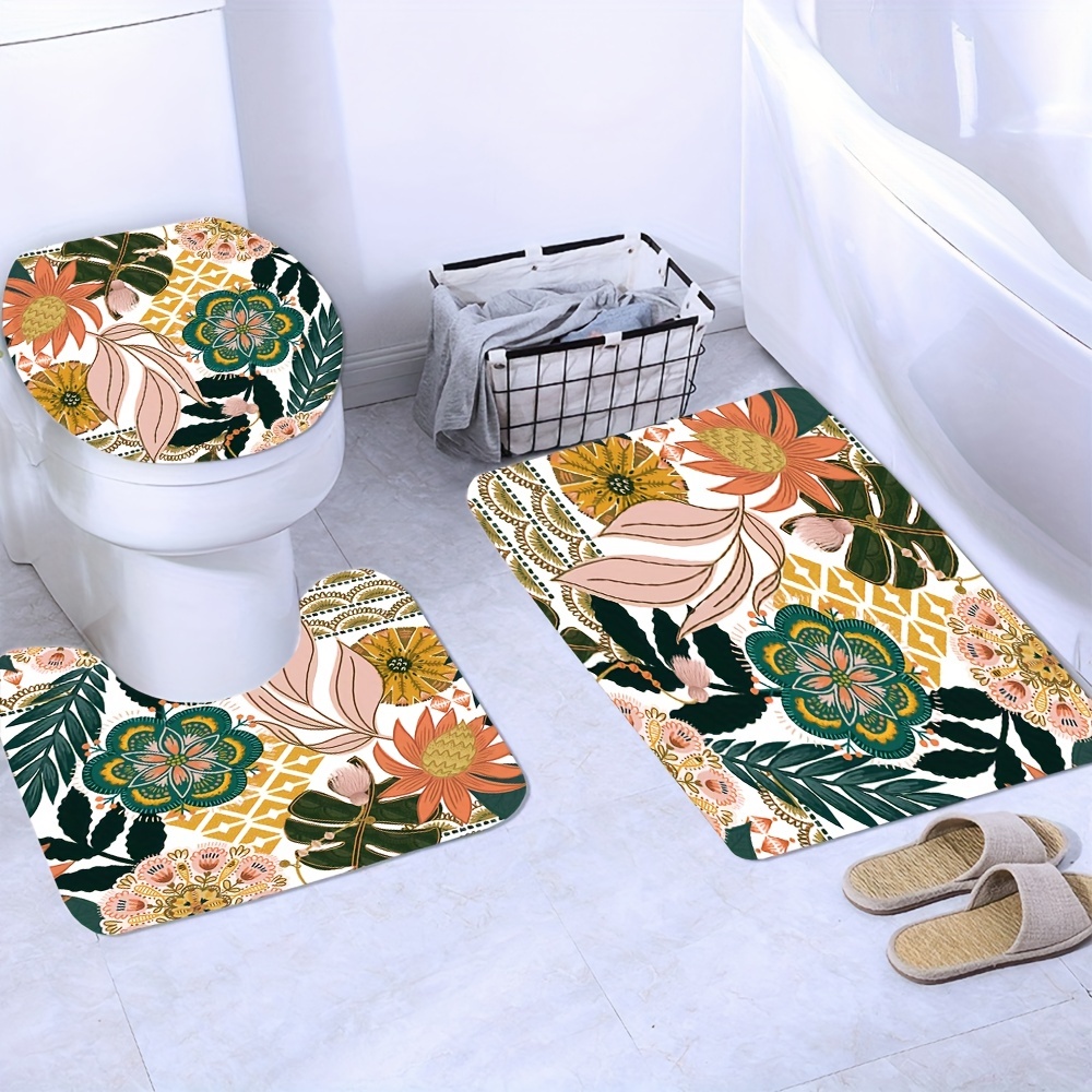 4pcs Bohemian Flower Bathroom Set, Waterproof Shower Curtain With 12 Hooks,  Non-Slip Bathroom Rug, Toilet U-Shape Mat, Toilet Lid Cover Pad, Aesthetic