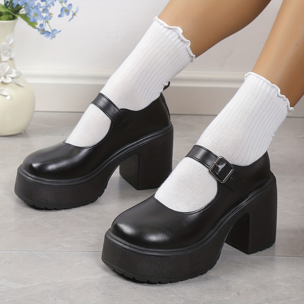 Women's Platform Mary Jane, Round Toe Buckle Strap Chunky Heeled Loafers,  Preppy Style Patent Leather Uniform Shoes - Temu