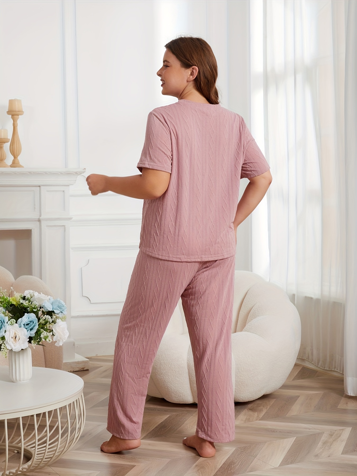 Plus Size Casual Pajamas Set Women's Plus Solid Textured - Temu