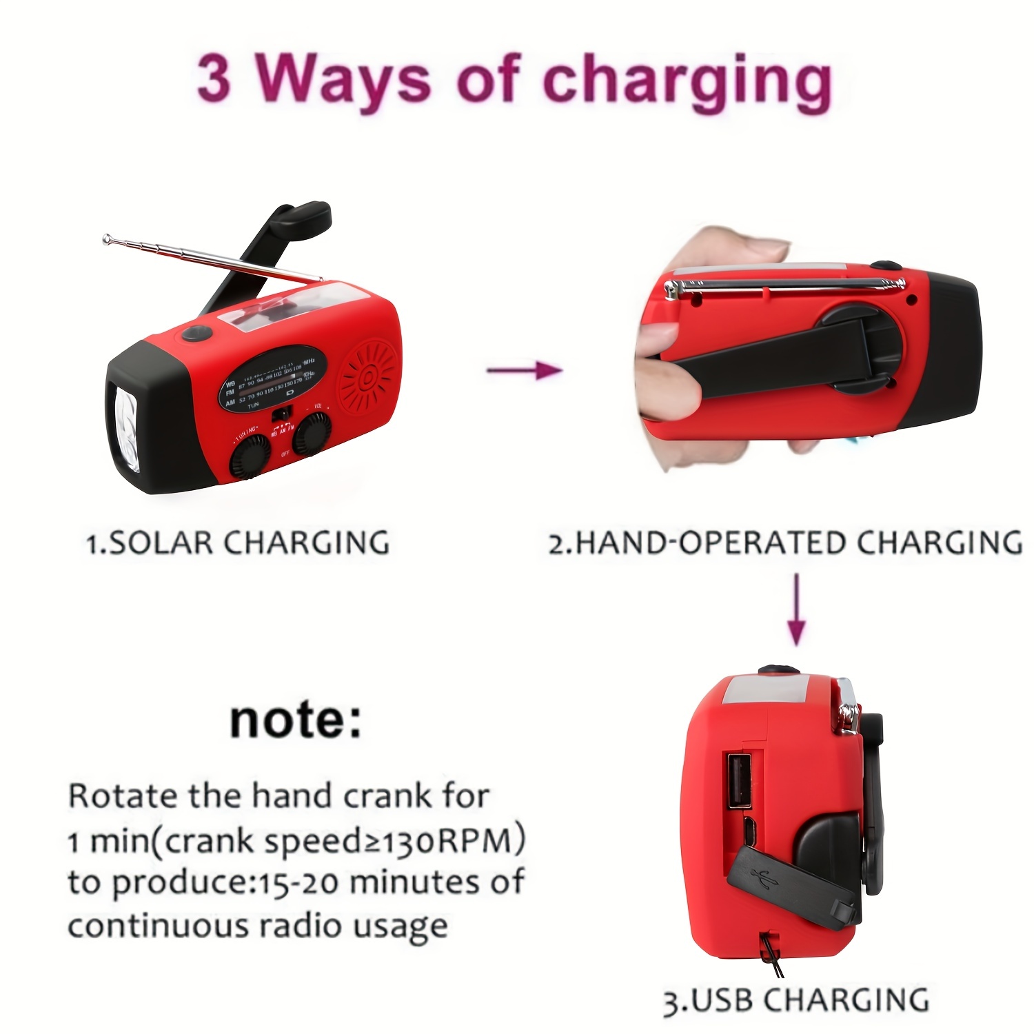 Manual 3-LED Hand Crank Emergency Flashlight