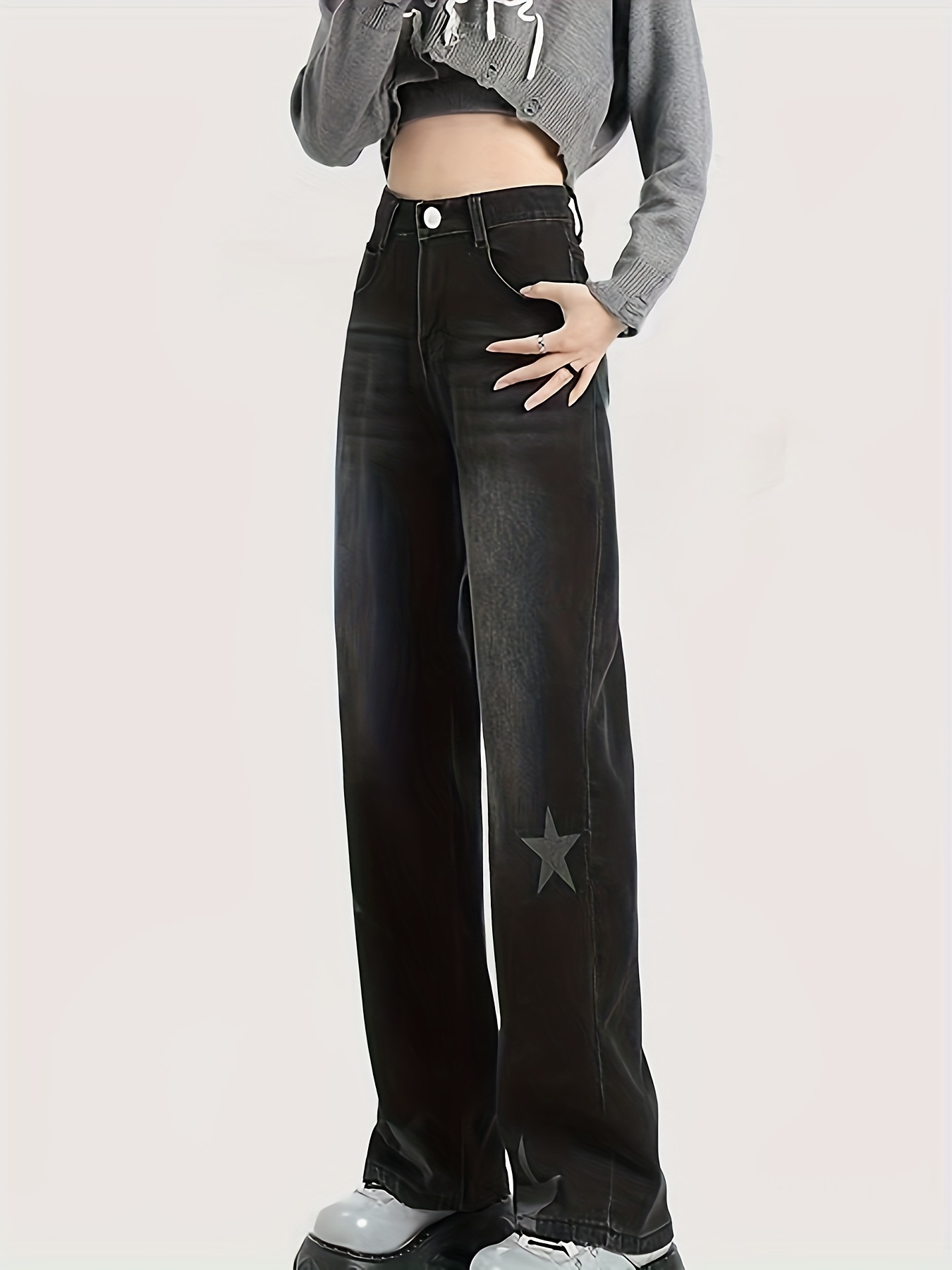 Star Print High Straight Leg Jeans Loose Dark Grey - Temu