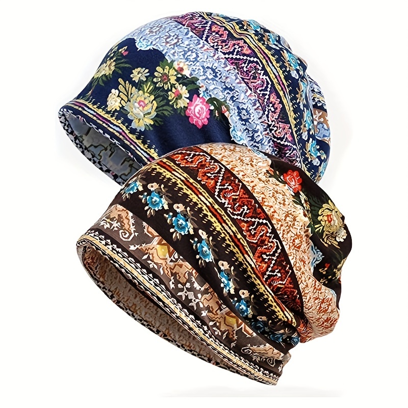 

Vintage Floral Print Beanie Boho Coldproof Warm Knit Hat Casual Headband Elastic Skull Chemo Hats For Autumn & Winter