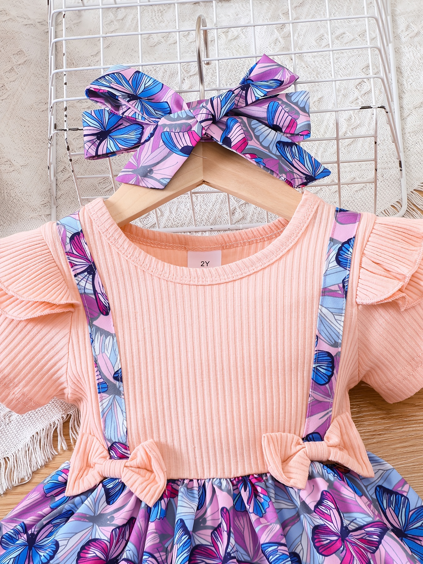 Baby Girl Butterfly Embroidery Mesh Ruffle Trim Bow Front Dress