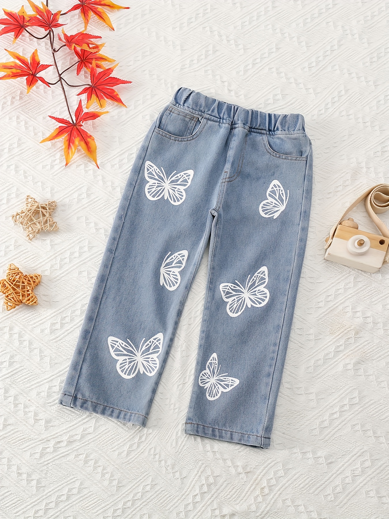 Toddler Girls Butterfly Print Straight Leg Pull Jeans Sweet - Temu