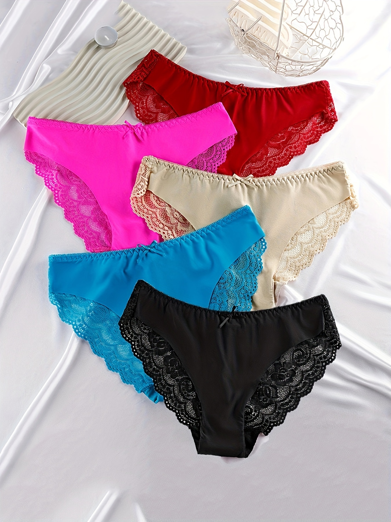 6pcs Lace Trim Bow Tie Briefs, Comfy & Breathable Stretchy Intimates  Panties, Women's Lingerie & Underwear