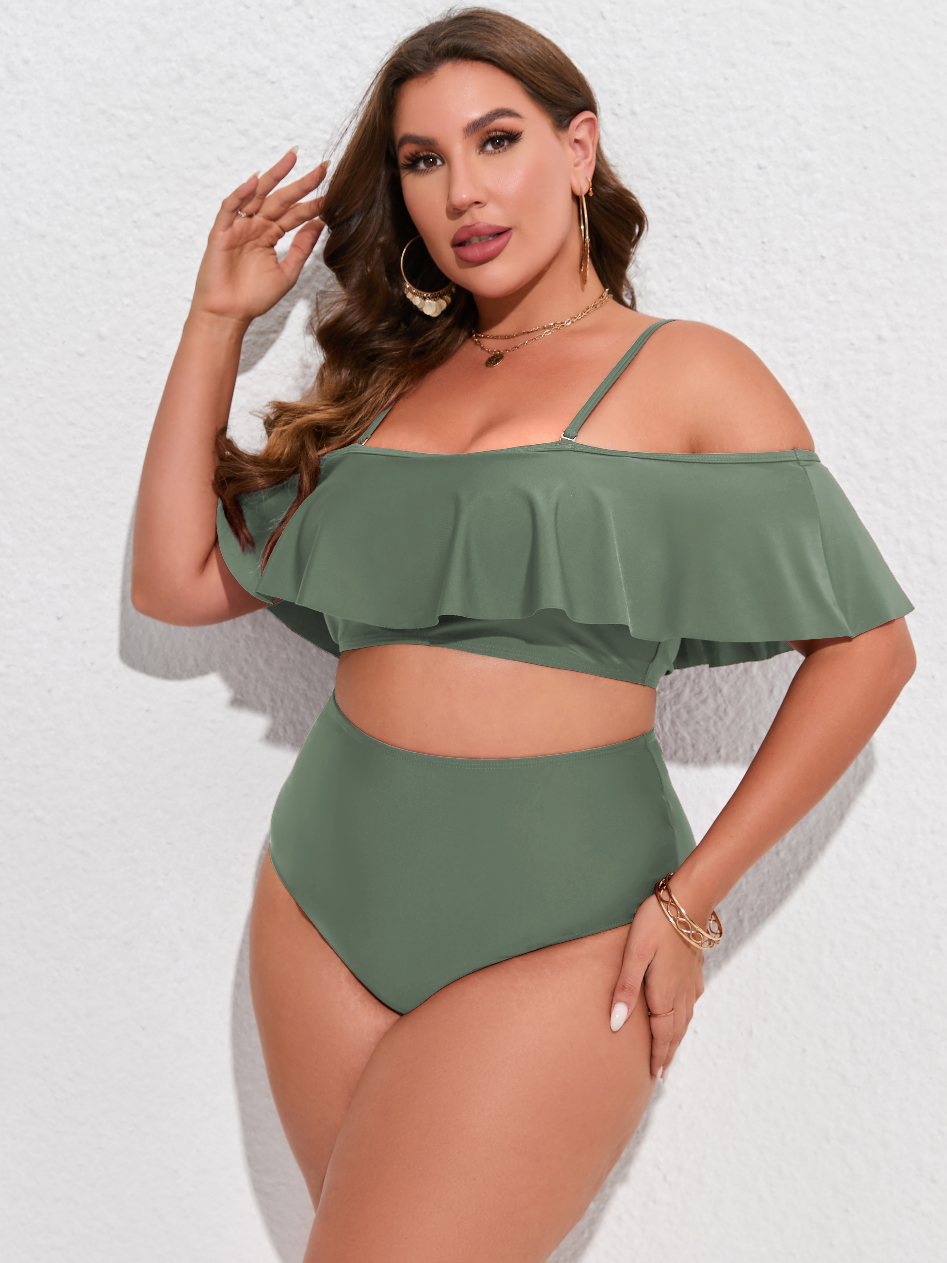 Women Plus Size Solid Color Two Piece Swimwear Casual Off Shoulder