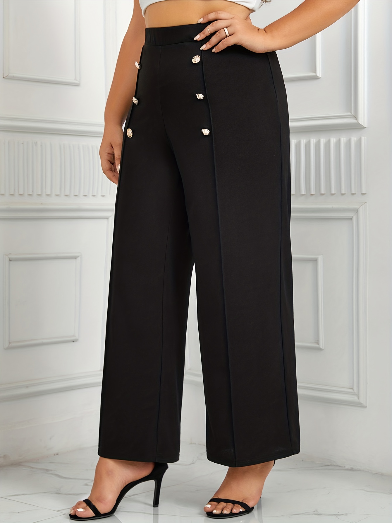 Plus Size Formal Pants Women's Plus Plain Button Straight - Temu