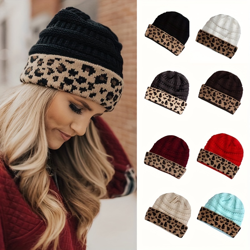 Leopard-Print Fur Ball Beanie Women's Fashion Knitted Warm Hat Fashion Woolen Hat Knitted Hat Embroidery Woolen Hat Hip-hop Valentines Gifts,Temu