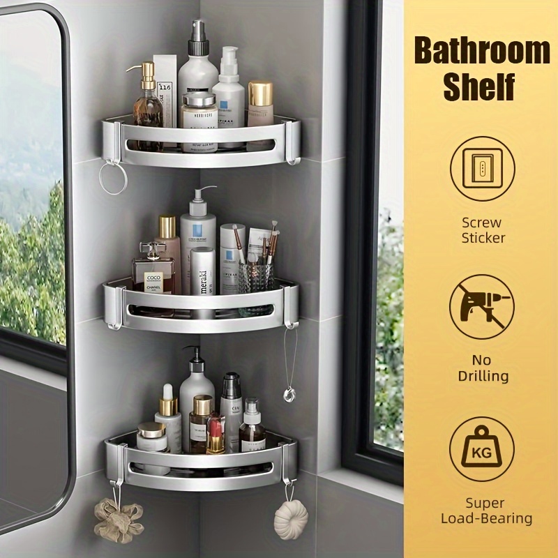 

Double-layer Bathroom Shelf Bathroom Kitchen Storage Shelf Corner Shelf Aluminum Material Silvery With Hook And Rod