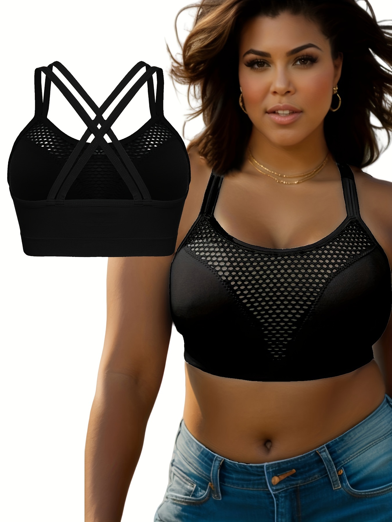 Plus Size Breathable Eyelet Solid Push Up Non Underwire Sports Bra