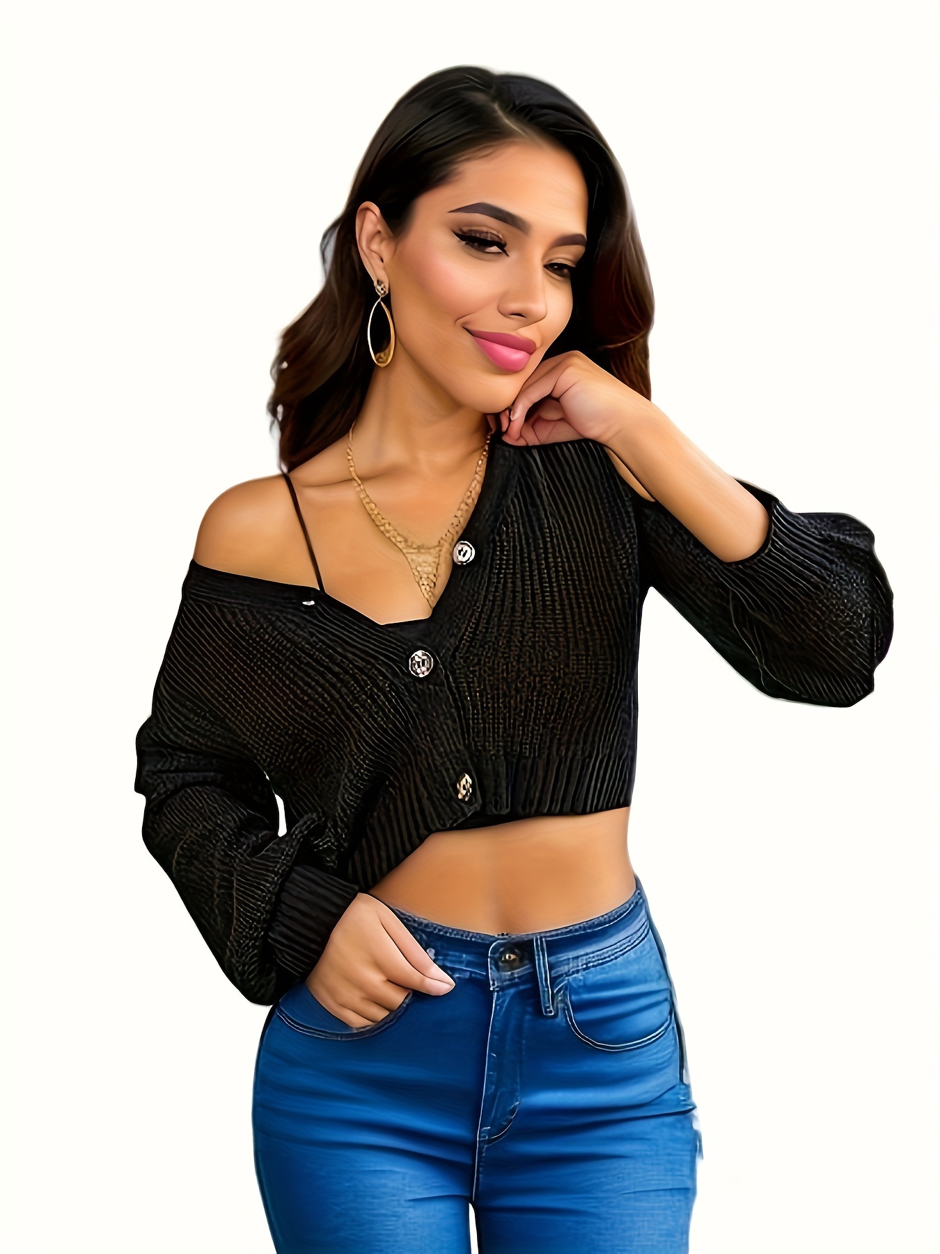 Solid Button Long Sleeve Loose Crop Top Casual Fall Winter T - Temu