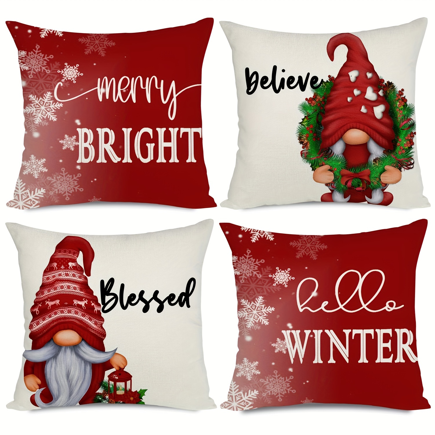 TEMU 4pcs 4 Packs Of Linen Mixed Weave Christmas Gnome Letter Throw Pillowcase