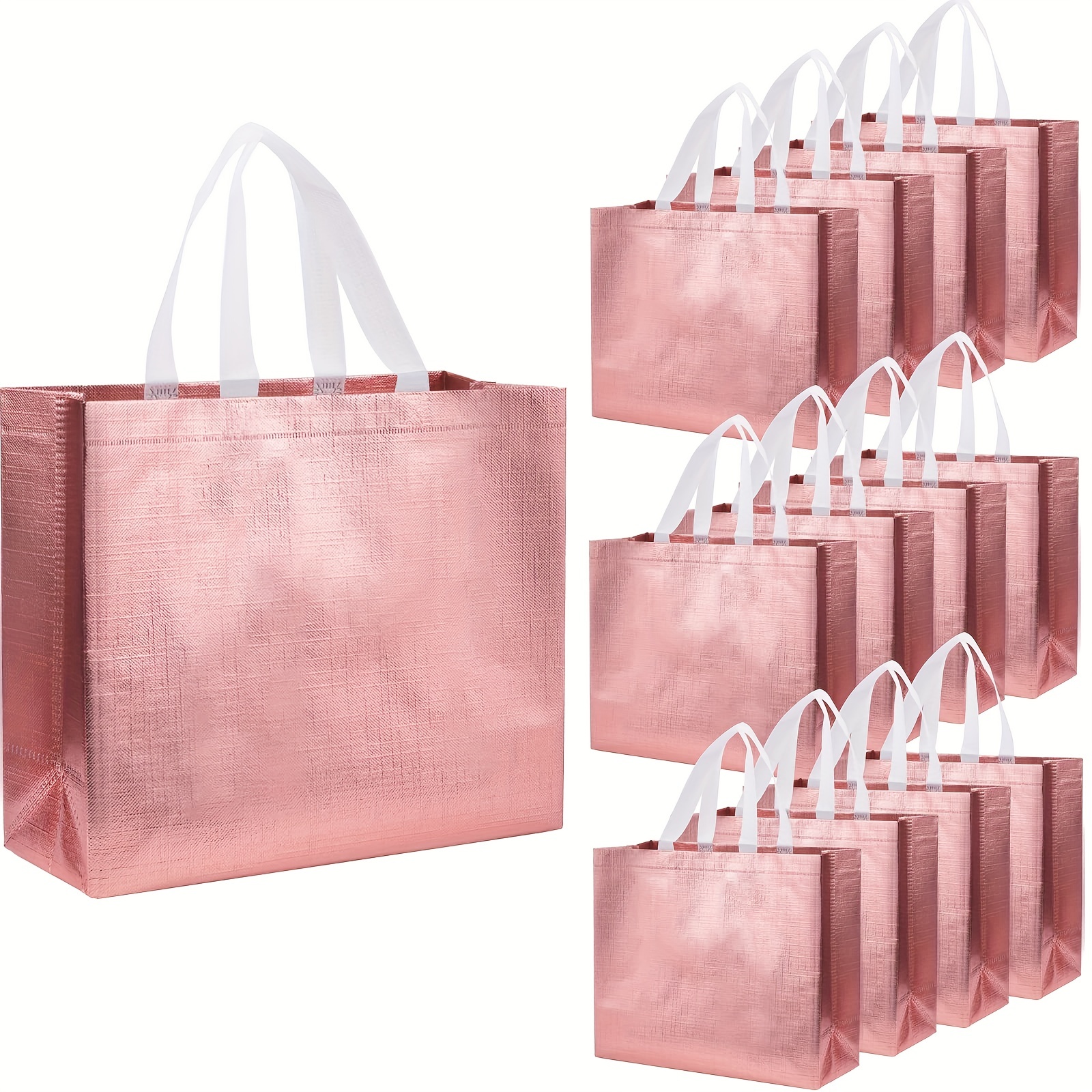 12pcs Rose Gold Gift Bags Glossy Reusable Grocery Bags Shiny Non Woven