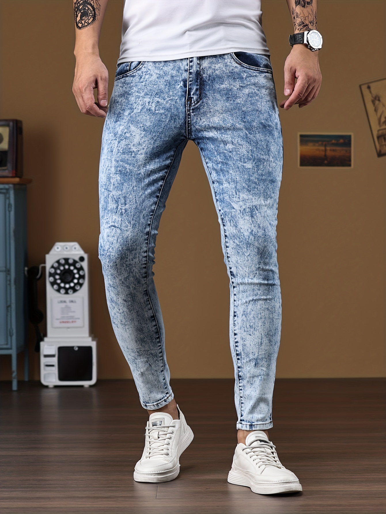 Calças Jeans Skinny Slim Fit Calças Jeans De Cintura - Temu Portugal