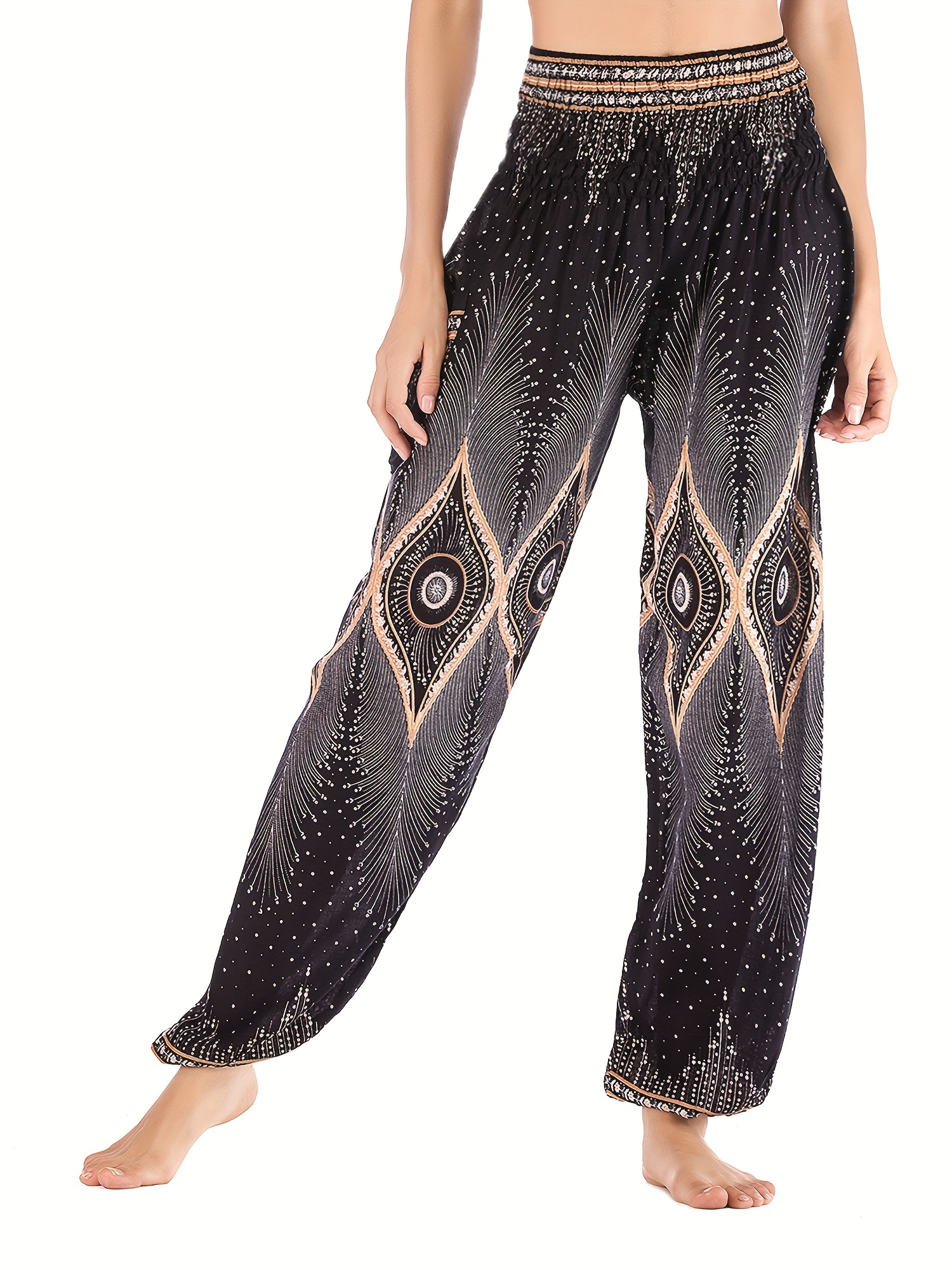 Ethnic Print High Waist Pants, Boho Wide Leg Drawstring Pants