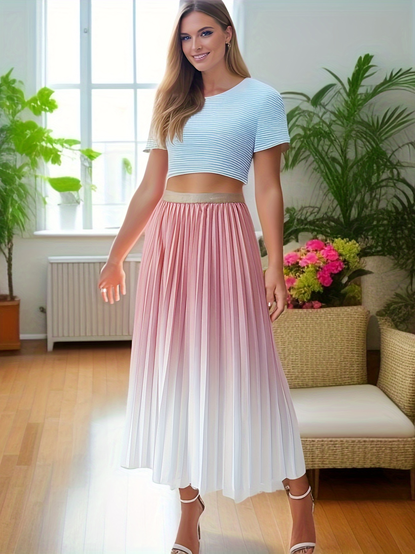 Pleated Skirt Elastic High Waist Skirt Casual Every Day - Temu Italy