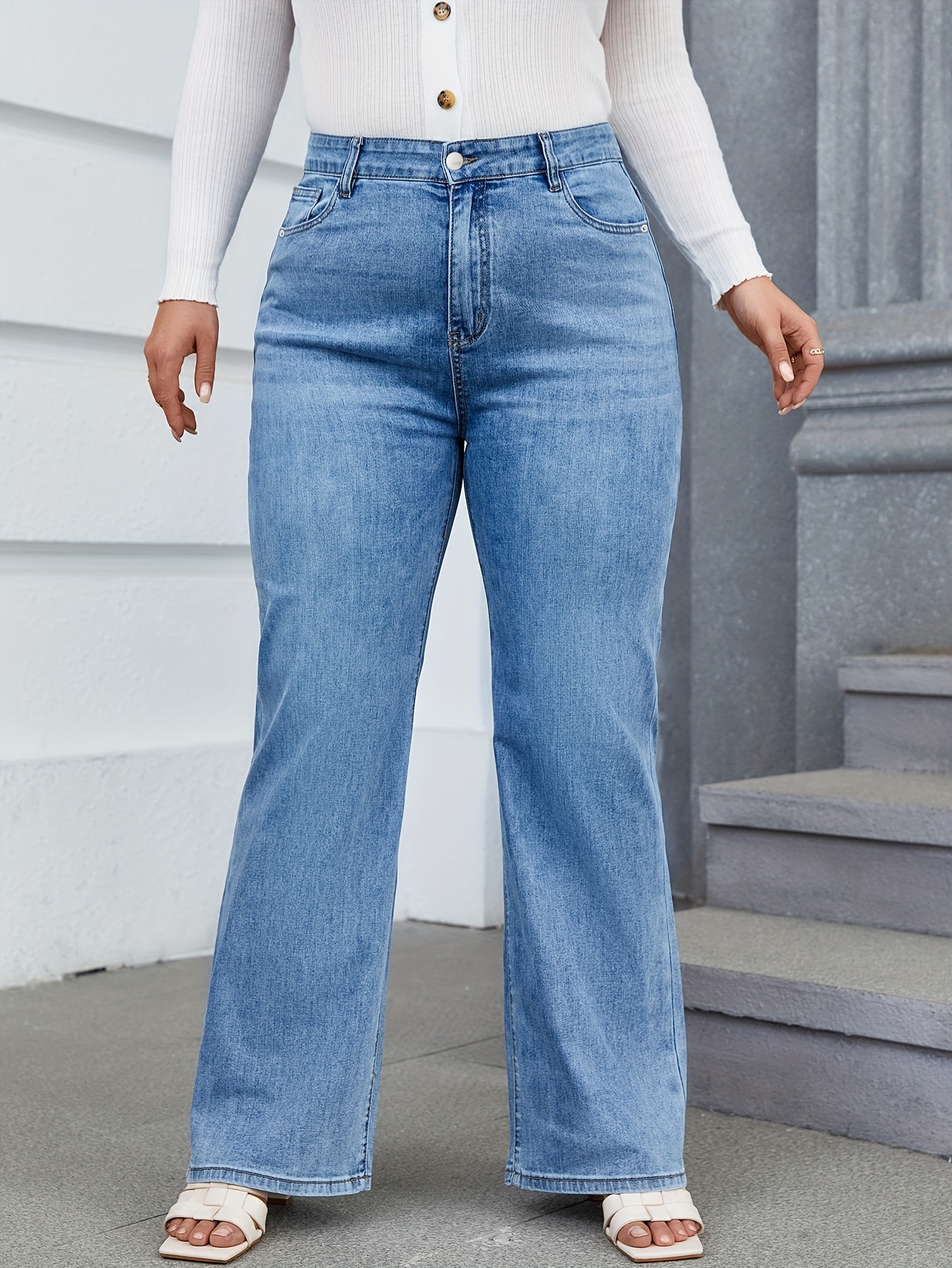 Plus Size Casual Jeans, Women's Plus Ripped Button Fly Medium Stretch  Skinny Destroyed Denim Pants