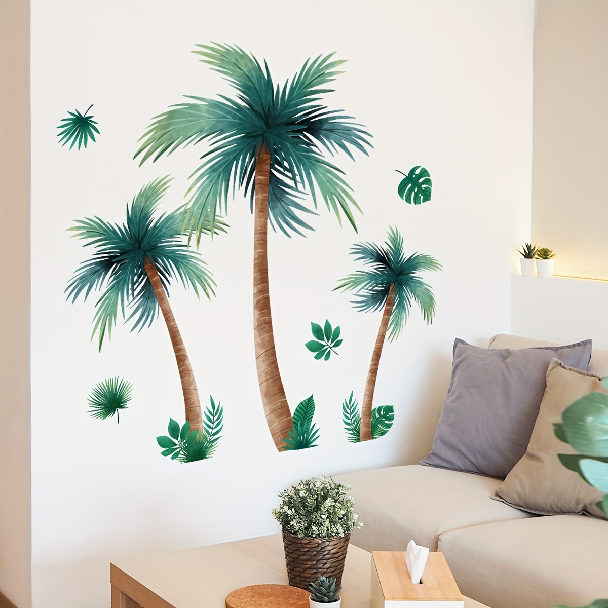 Sticker Mural Tropical, 3D Plage Paysage avec Palmier Murale Art Mural pour  Salon Décoration de la Maison 