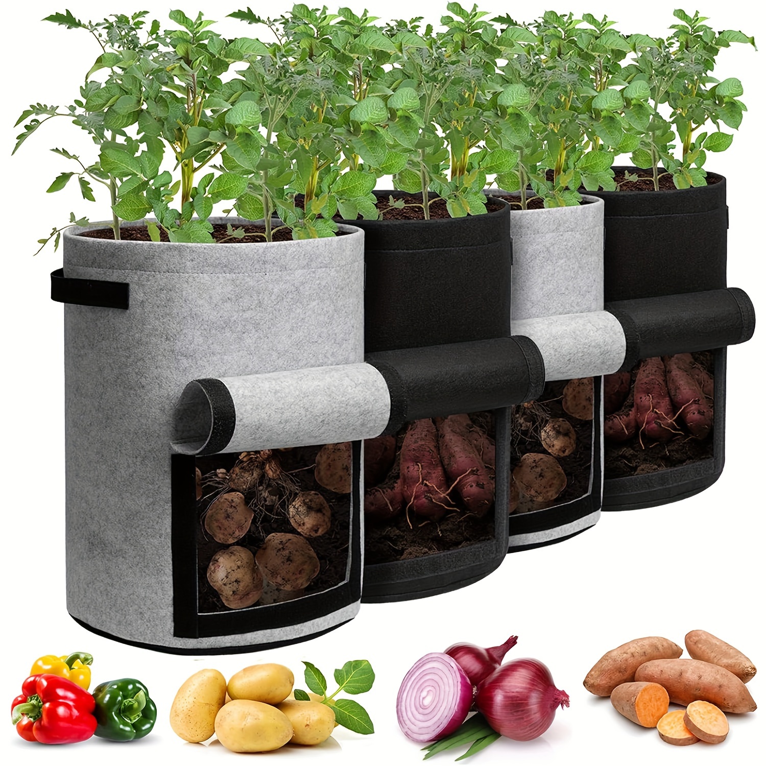 

4 Pack 10 Gallon Potato Grow Bags With Flap, Planter Pot With Handles And Harvest Window Garden Planting Bag Plant Pots For Tomato, Vegetable And Fruits
