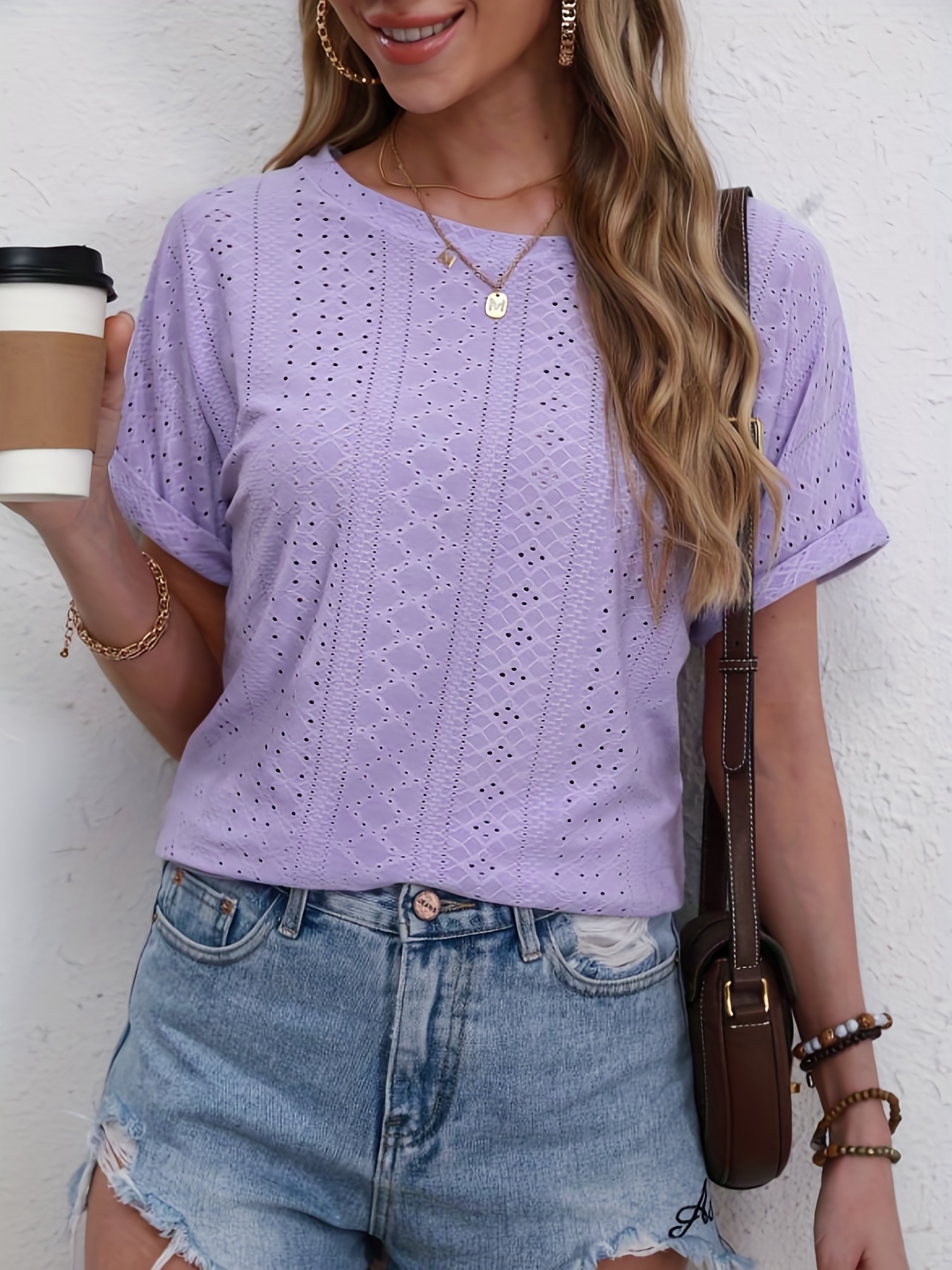 Women's Casual Crew Neck Eyelet Embroidery Short Sleeve Summer Solid Tee  Shirt Top Loose Fit Eyelet T Shirts