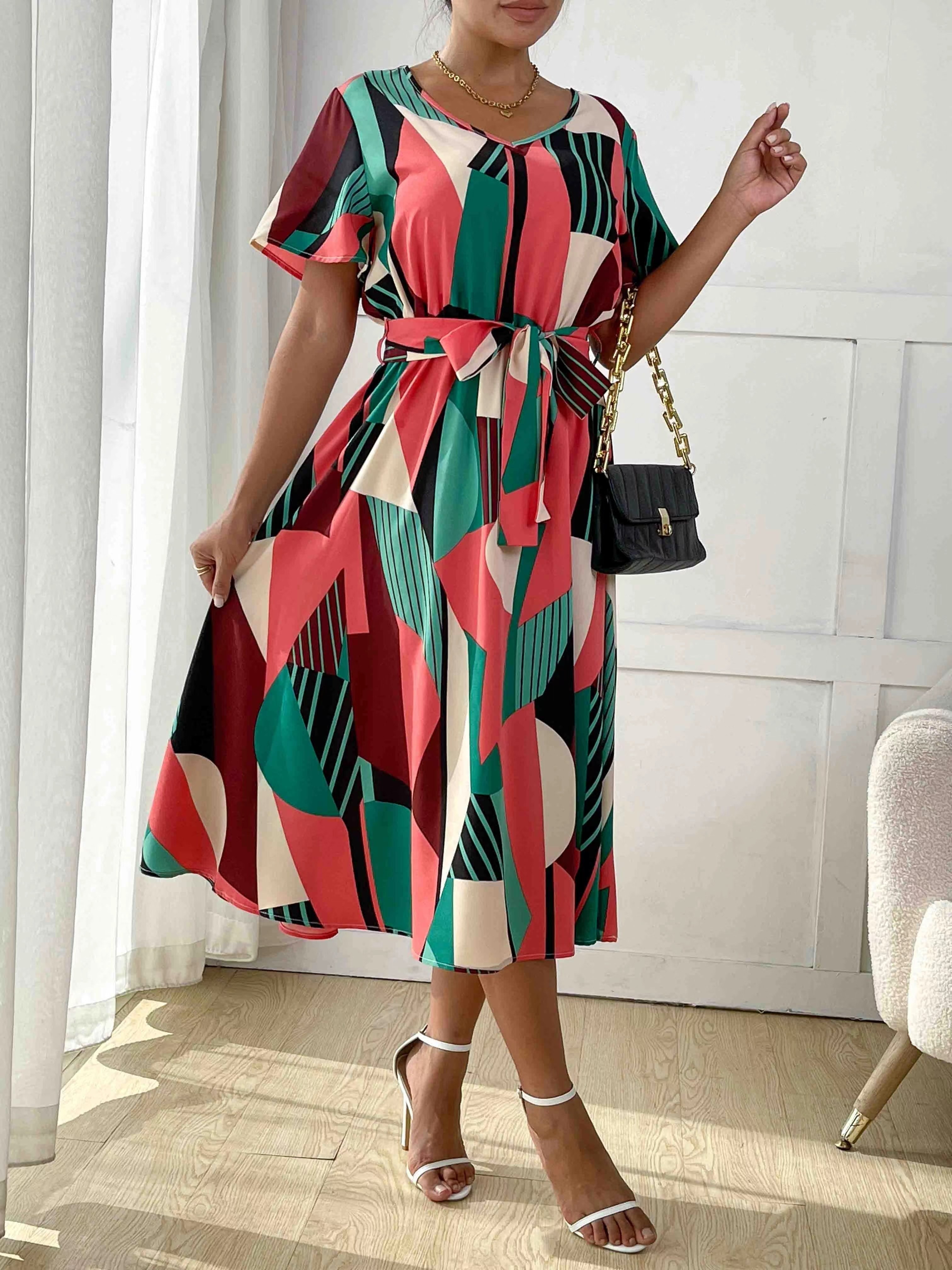 short sleeve v neck belted dress casual dress - Temu