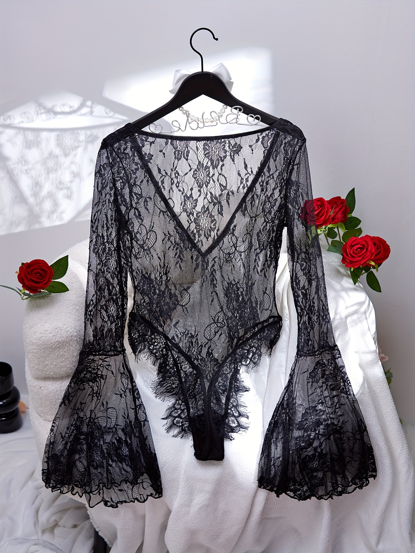 Sexy White Sheer Floral Lace Long Bell Sleeve Bodysuit – SEXY