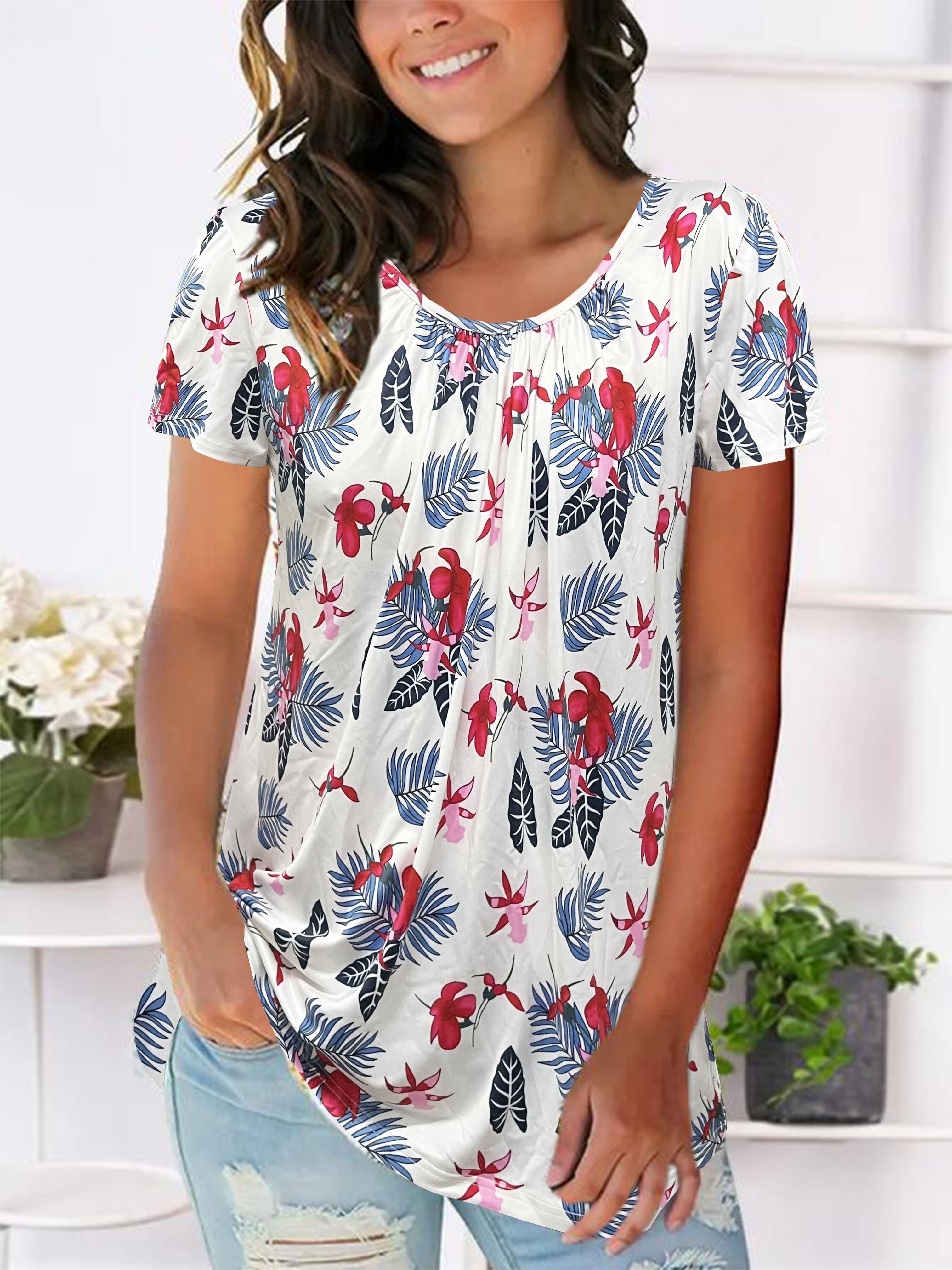 Plus Size Casual Top Women's Plus Floral Print Short Sleeve - Temu