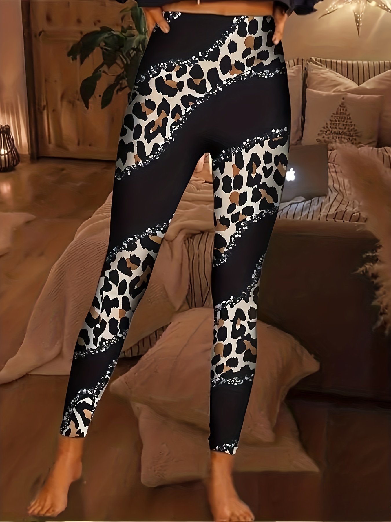 Plus Size Casual Leggings Women's Plus Colorblock Leopard - Temu