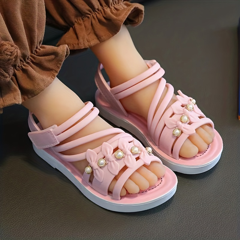 Toddler Girls Trendy Cute Flower Open Toe Flat Strappy Sandals, Kids Casual  Anti-skid Soft Sole Sandals With Hook And Loop Fastener