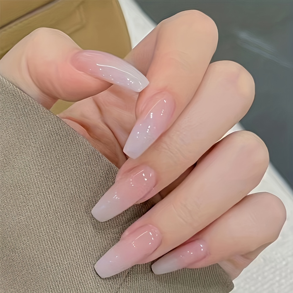 

24 Pcs Glossy Medium Long Coffin Fake Nails Gradient Pinkish And White French Style False Nail Reusable Press On Nails