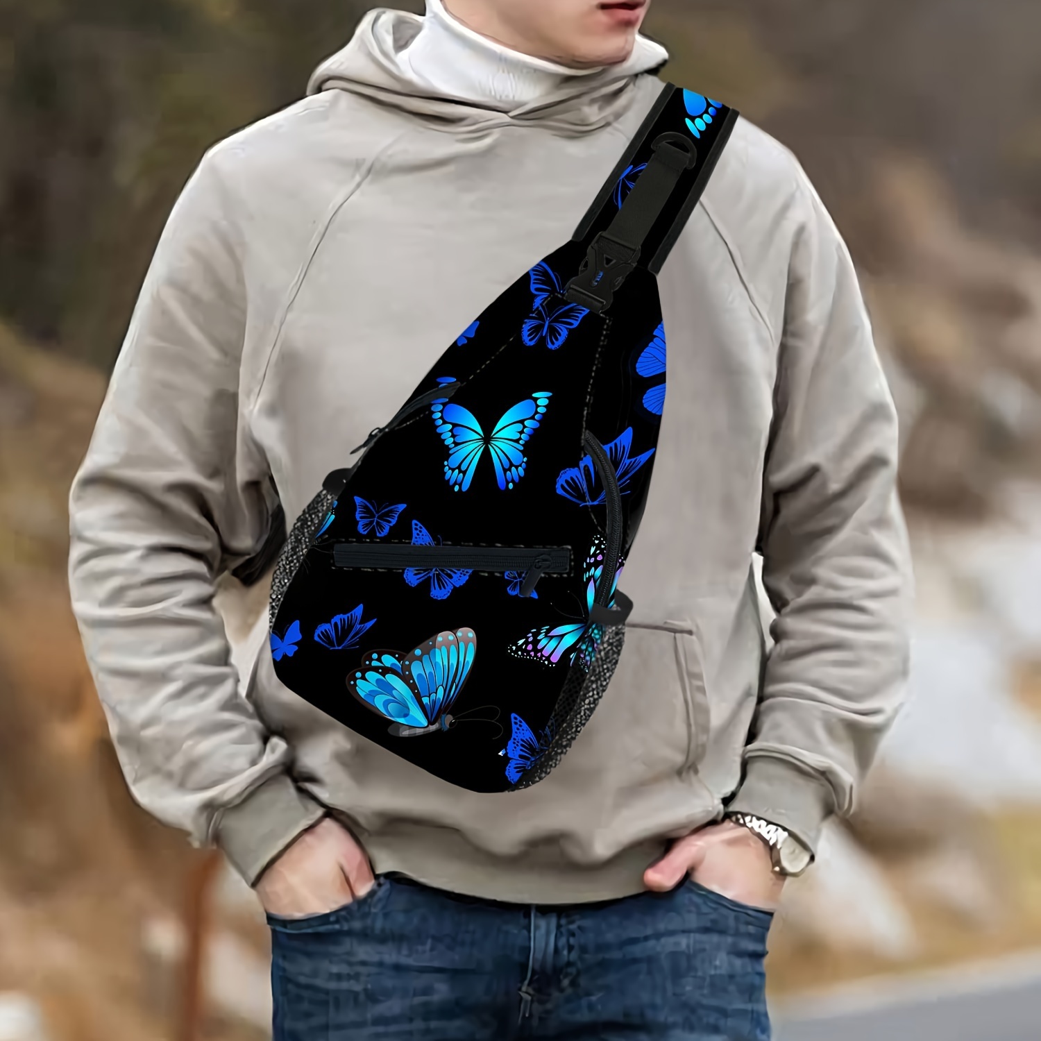 Blue Butterfly Sling Bag For Men Casual Shoulder Chest Bag For Travel Hiking Gym Running Random Pattern