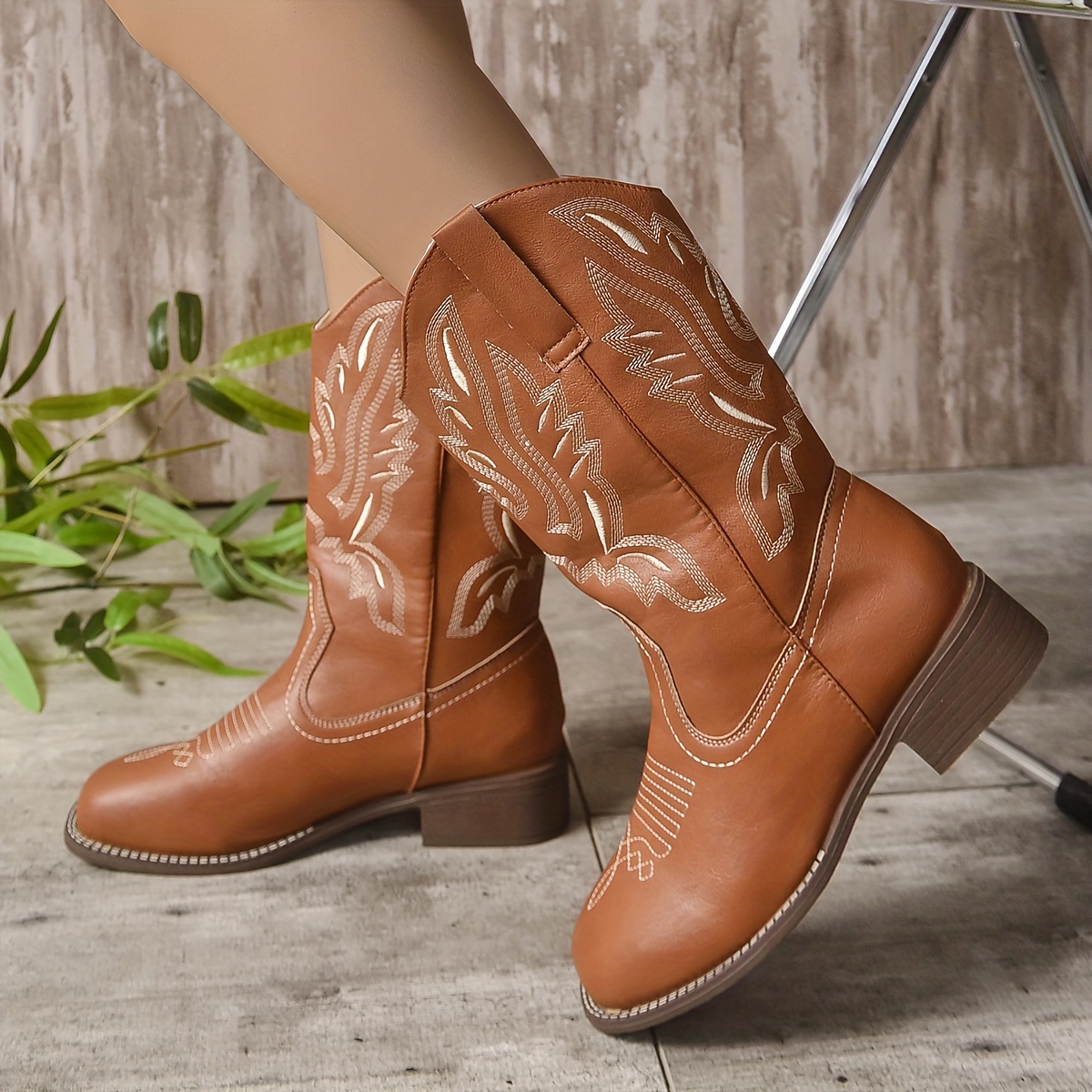 ymiytan bottes de cowboy pour les femmes tirent sur cowgirl botte large  largeur bas talon chaussures occidentales kaki 7