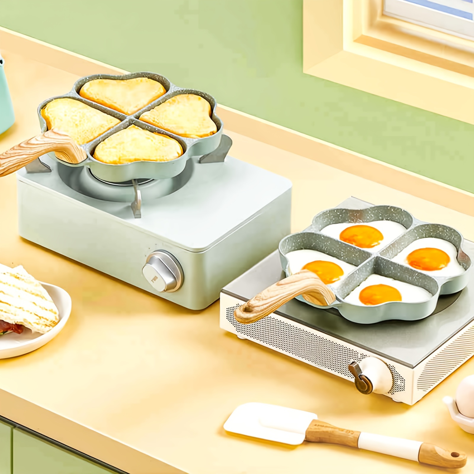 4 Hole Frying Pan Skillet Comfortable Handle Omelette Egg White