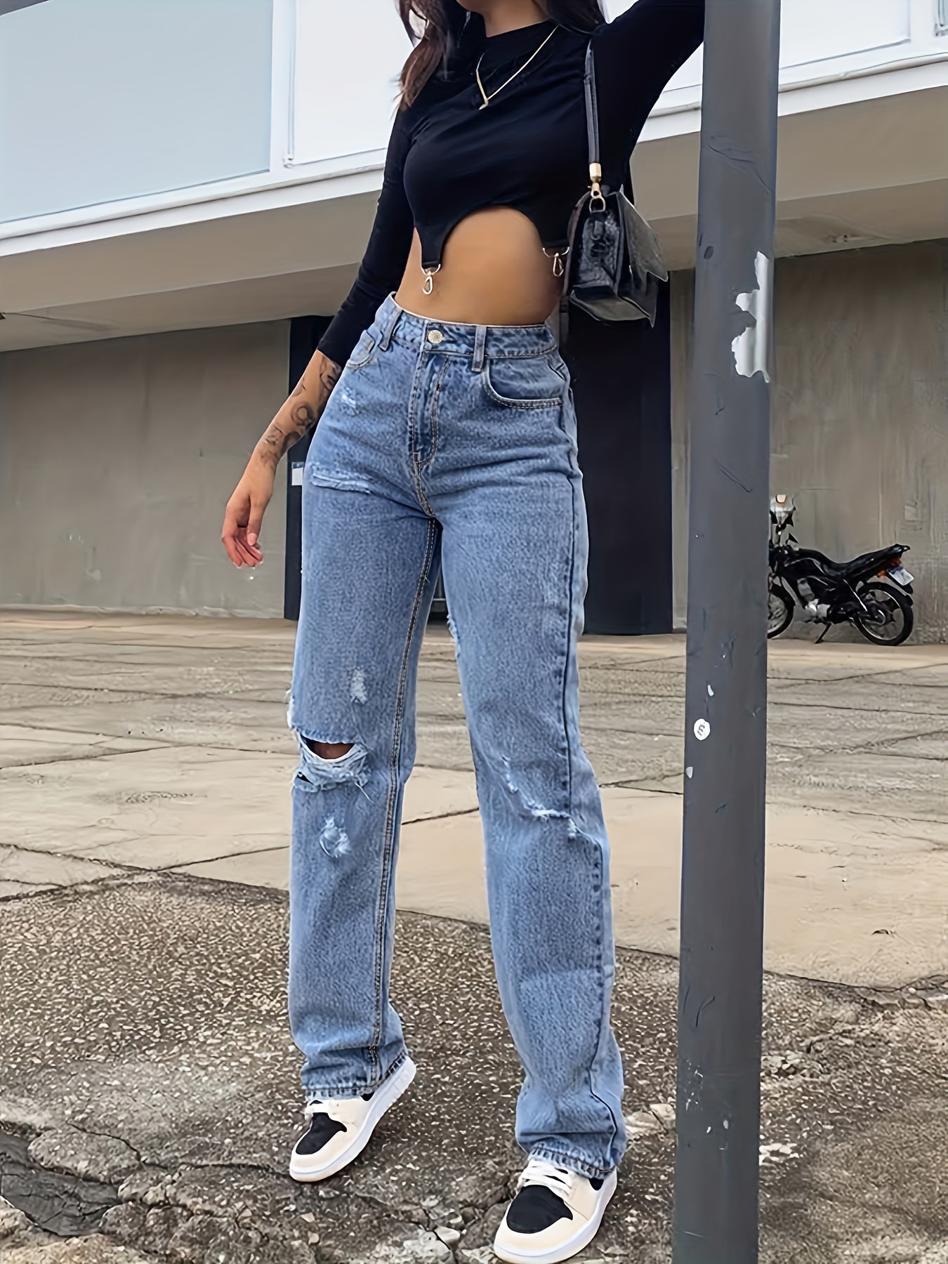 High Rise Ripped Loose Boyfriend Jeans, Straight Leg Distressed Stacked Mom  Jeans, Women's Denim Jeans & Clothing