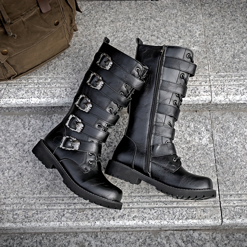 Men Buckle Decor Front Motocycle Boots, Anti-skid High-top Boots With Side  Zippers For Outdoor
