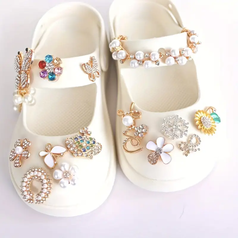 14pcs/set Bling Shoe Charm For Crocs Colored Crystal Artificial Diamond  Pearl Alloy Shoe Charm Luxury Shoe Accessories DIY Shoe Decoration Female