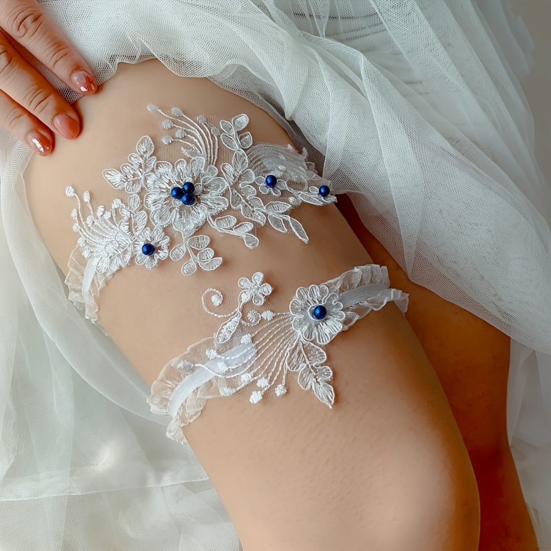 Bridal Lace Sock Belt Blue Pearl Garter Belt Sexy Elastic - Temu