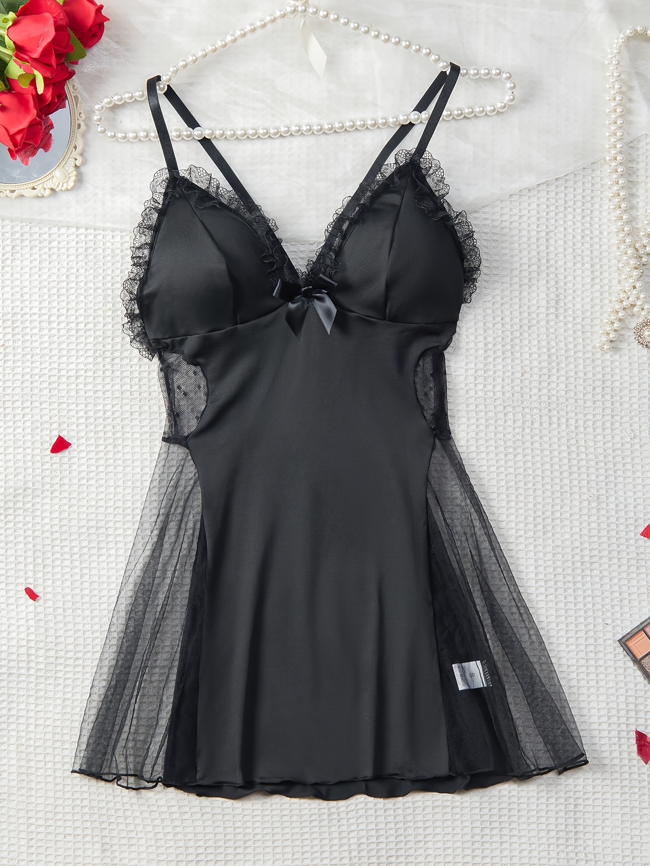 Black Lace Bow Back Satin Nightie