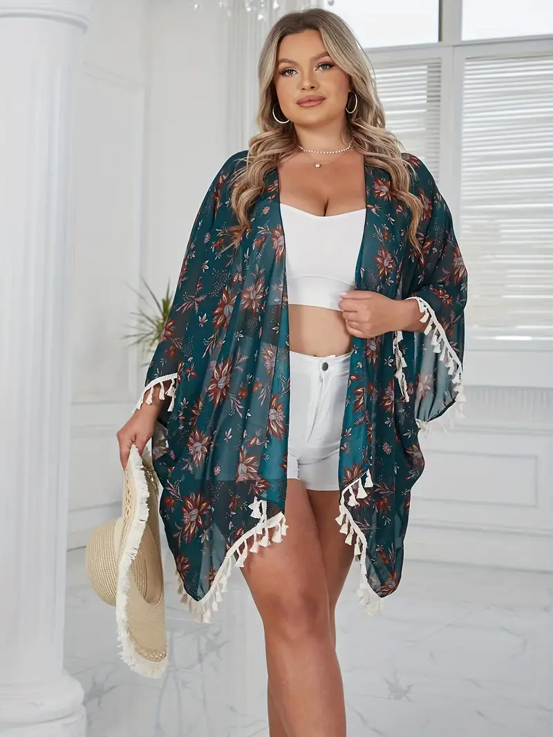 Plus Size Floral Print Tassel Trim Bat Sleeve Beach Cover Up, Women's Plus  Semi Sheer Casual Cover Up for carnival & Music Festival