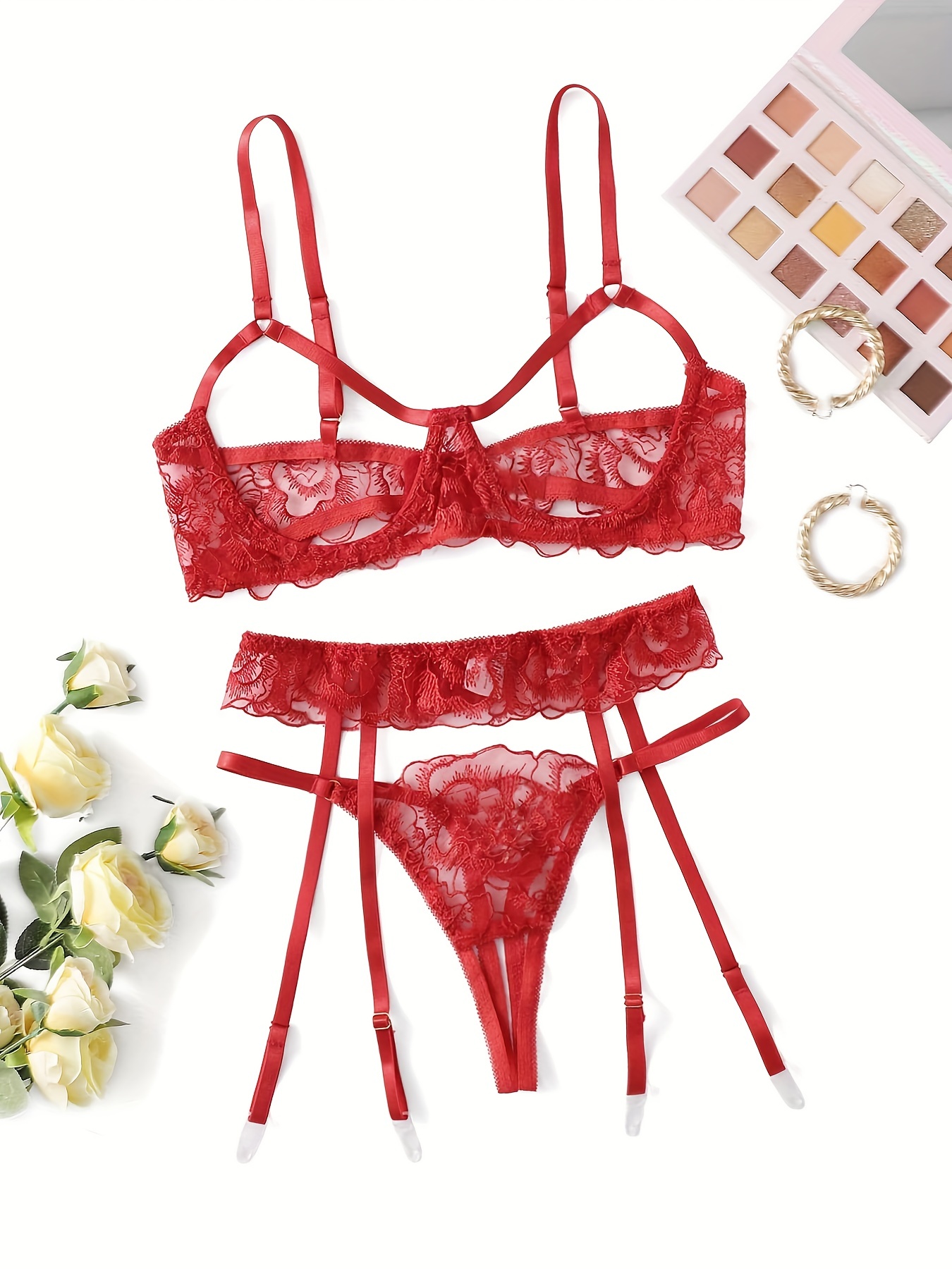 Hot Floral Lace Lingerie Set See Through Embroidery Bra Garter Belt ...