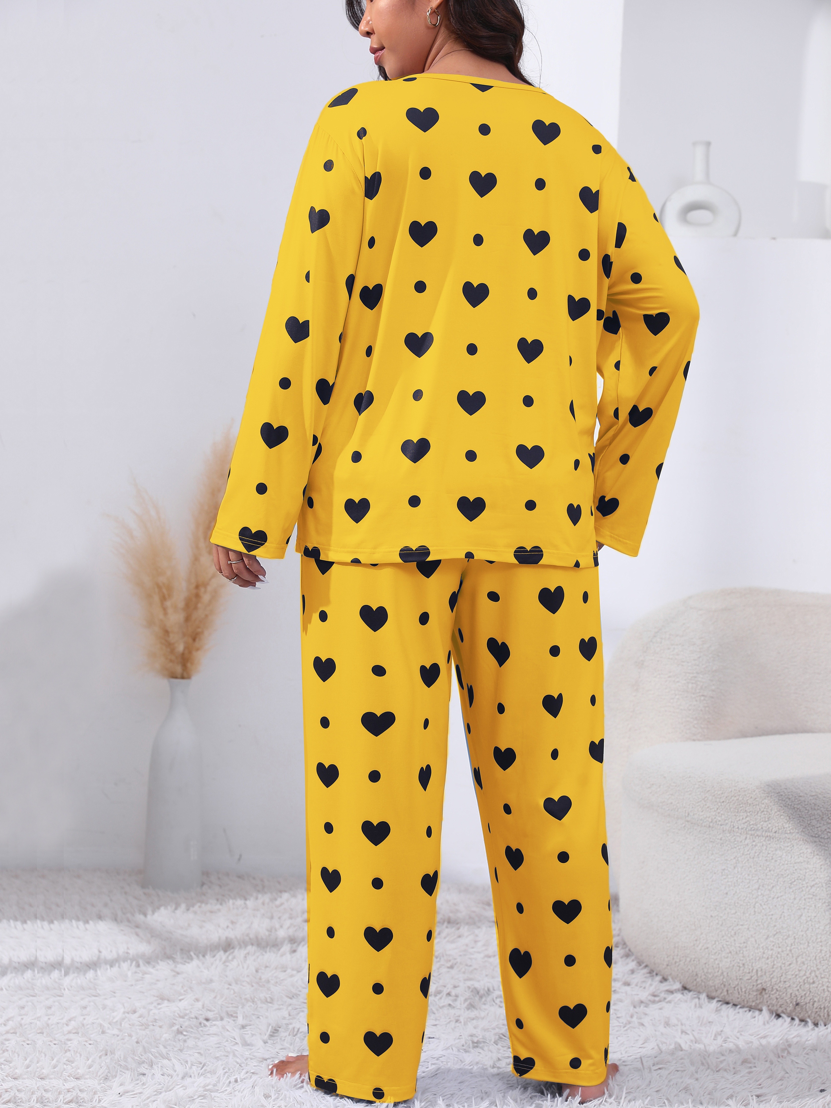 Plus Size Cute Pajamas Set Women's Plus Heart Print Long - Temu Canada