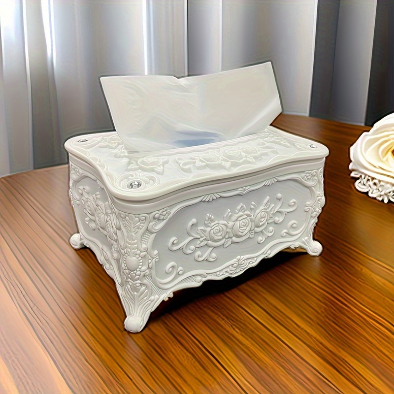 

Elegant White Rose Pattern Tissue Box Holder - Square Plastic Napkin Dispenser For Bathroom, Living Room, Vanity & Hotel Use