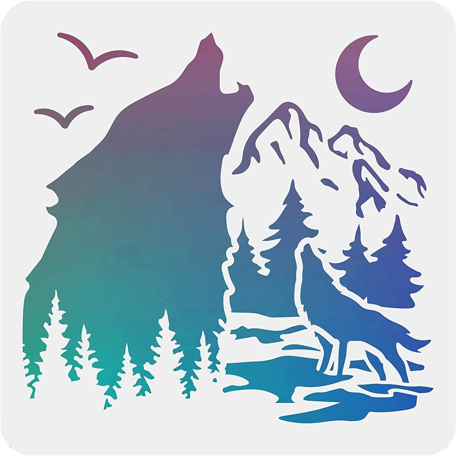 Wolf Stencils Template Plastic Forest Mountain Moon Drawing Painting  Stencils Square Reusable Stencils for Painting on Wood Floor Wall and Tile
