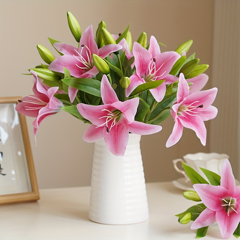 2Pcs Pink Lily Artificial Flower 30 Long Stem PU Real Touch Fake Lily  Flowers for Christmas Home Party Kitchen Office Easter Decoration New Year