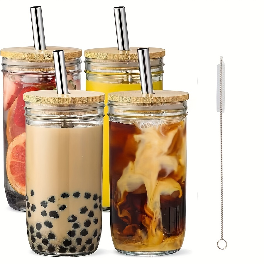 Mason Jar Drinking Glasses With Bamboo Wood Lid And Straw And Straw Brush  Reusable Boba Cup, Iced Coffee Glasses, Travel Tumbler - Temu