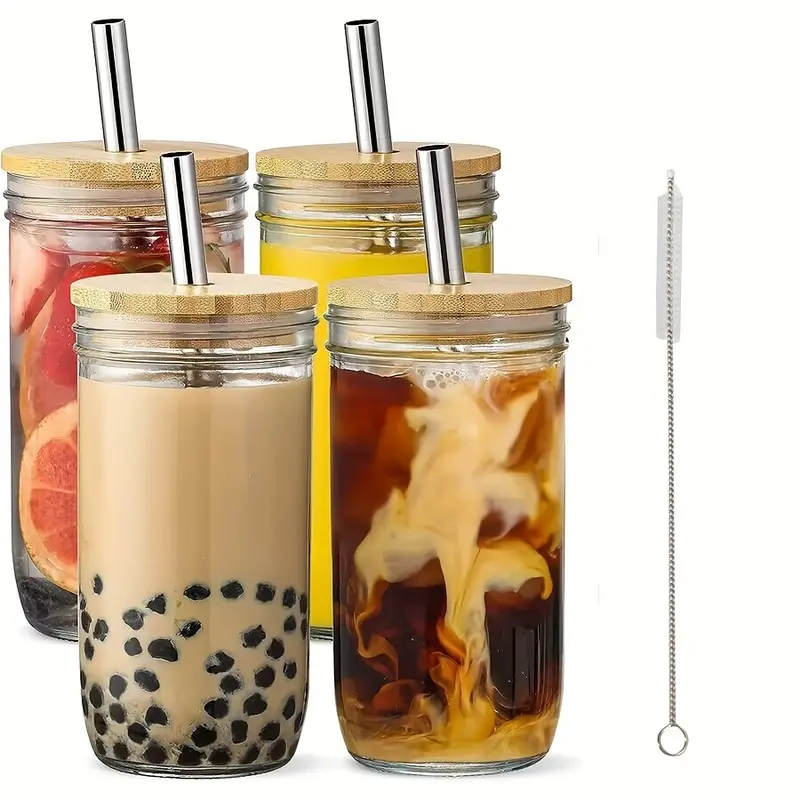 Glass Cups Set, Mason Jar Drinking Glasses W Bamboo Lids & Straws