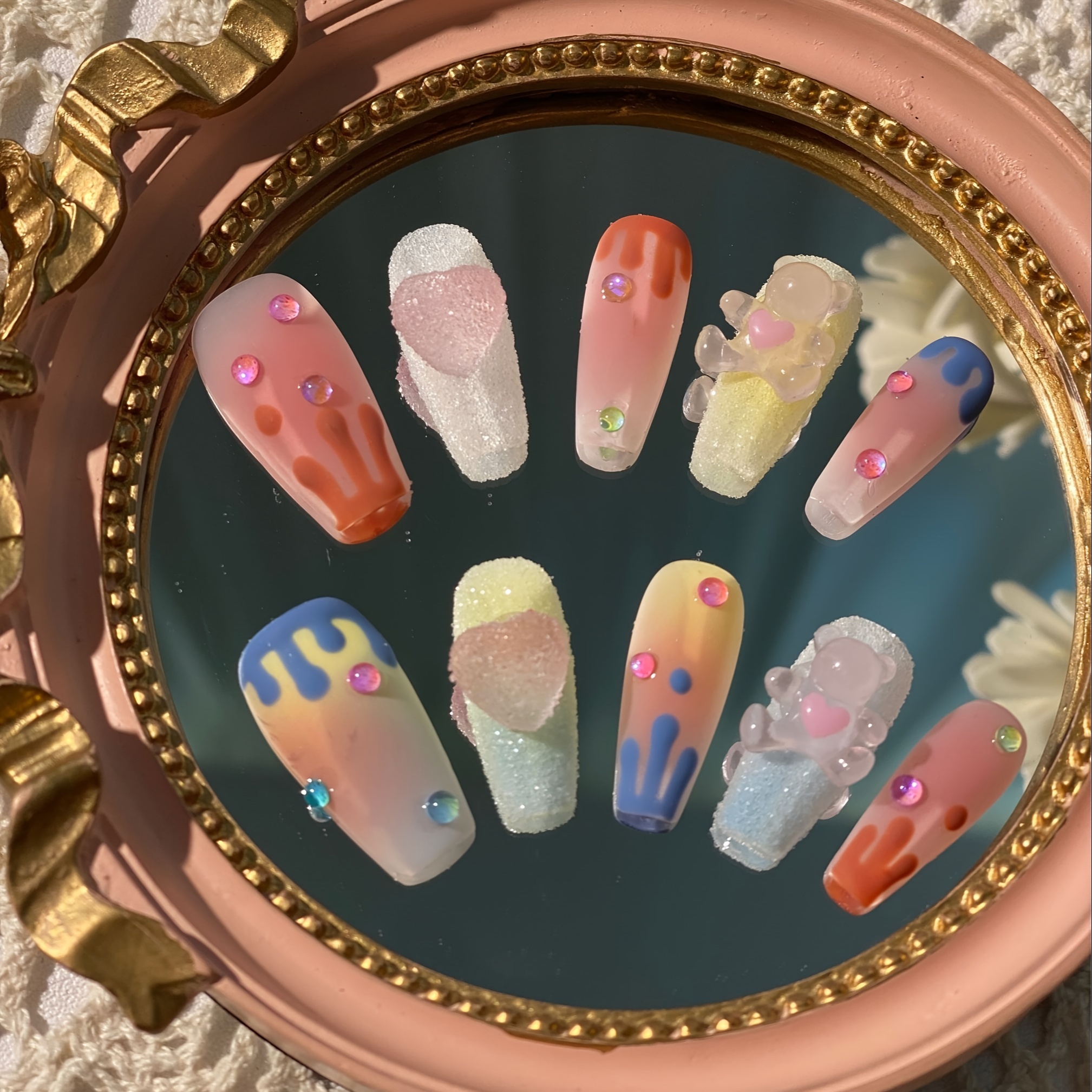 24pcs Cute Cartoon Fake Nails, Press On Nails With 3d Kawaii Bear Rabbit  And Heart Flower