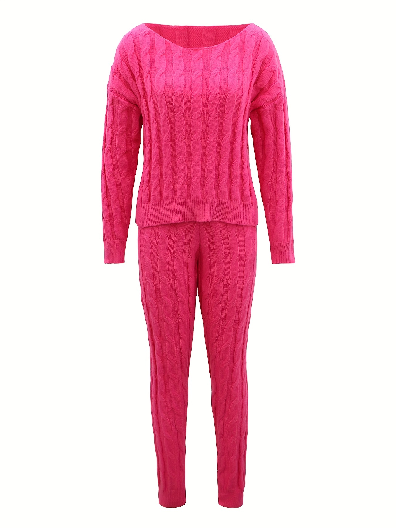 2 Piece Long Sleeve & Pant Set Cable Knit Loungeset Matching