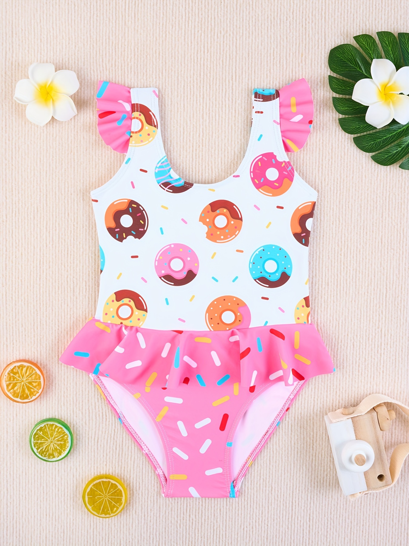 Cute Girls Splicing Donut Graphic Ruffle Trim Sleeveless Swimwear Bathing Suit For Summer Beach Vacation