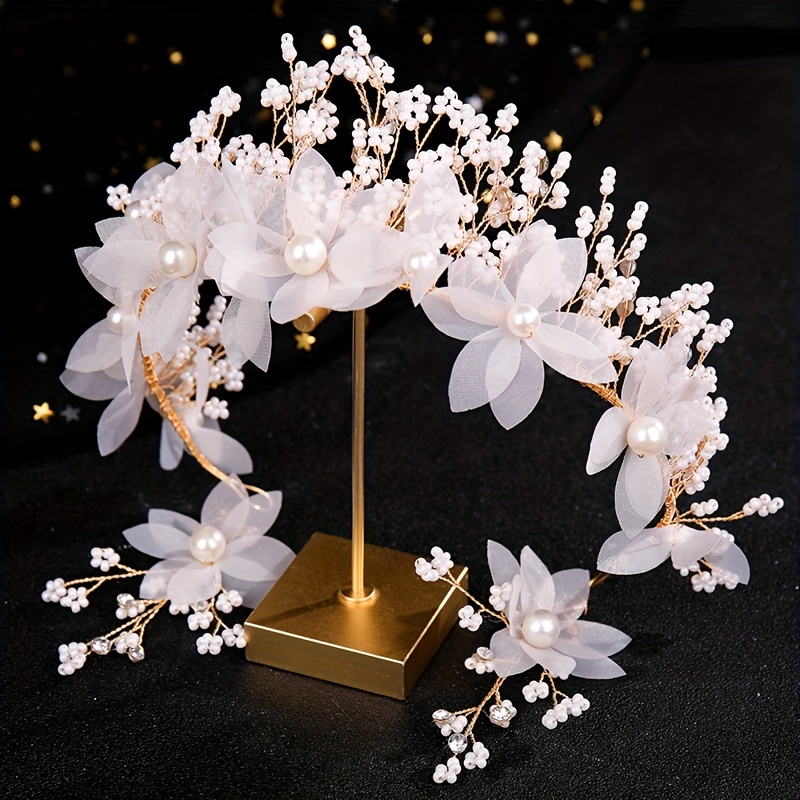 

3-piece Set French Princess Flower Headbands And Earring Set, Handcrafted Pearl Bridal Hairband Hair Accessories, Alloy Material For Normal Hair Type, Non-textile Crafted Floral Wedding Headpieces